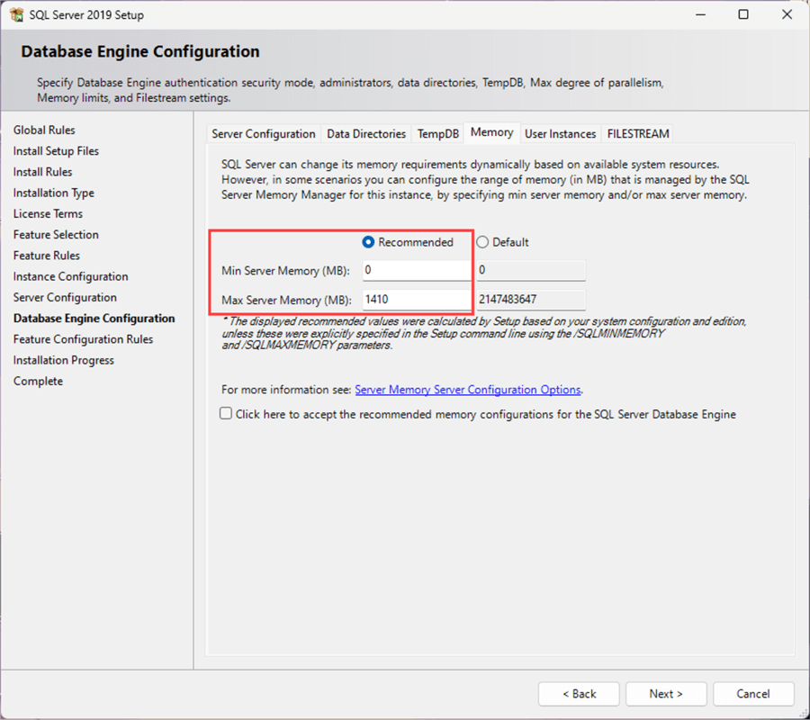 sql sever 2019 express edition install database engine configuration