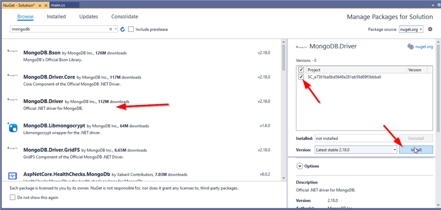 Installing MongoDB.Driver from the NuGet package manager