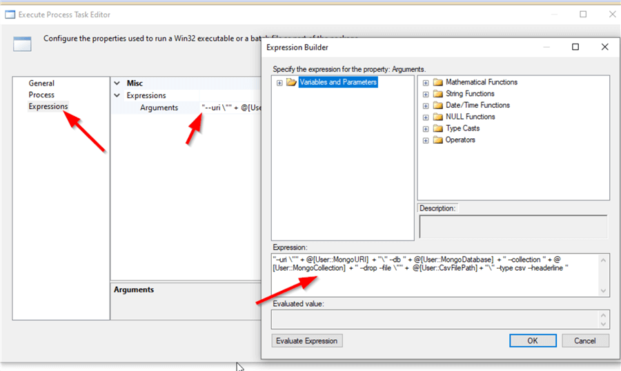 Adding an expression to the execute process task