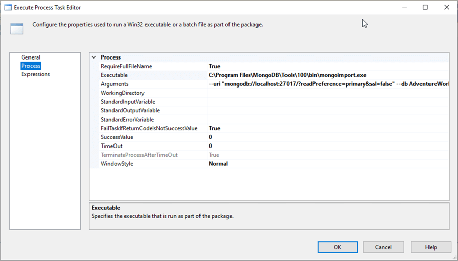 Execute Process task editor