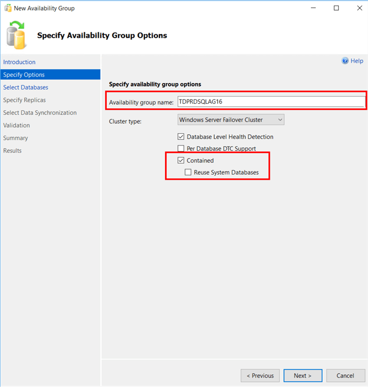 specify availability group options