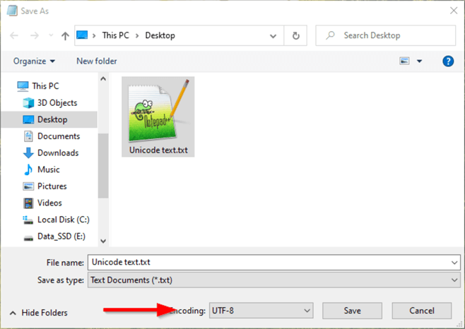 saving the text file as unicode
