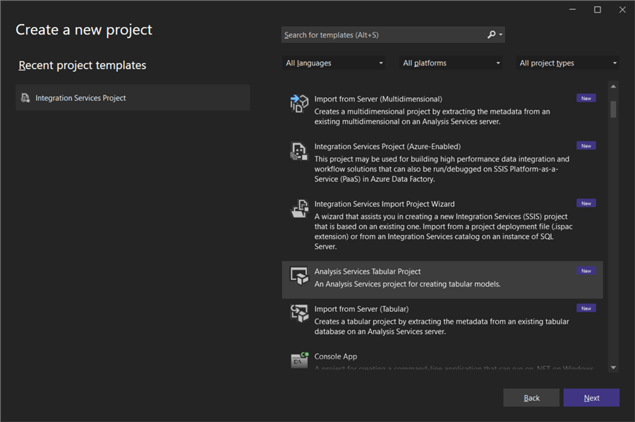 create new ssas tabular project