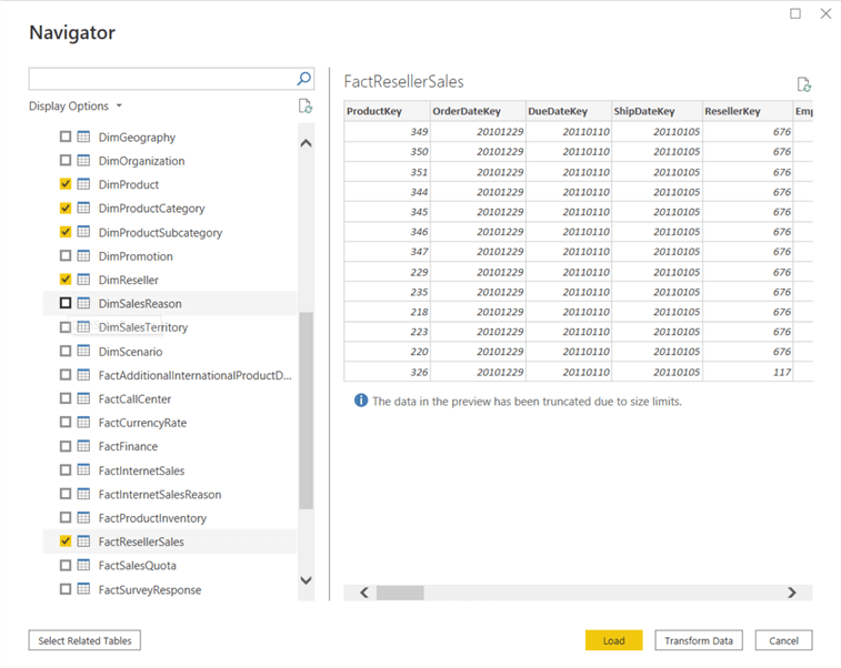 select tables to import