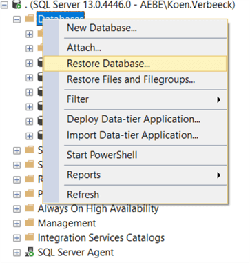 restore database context menu