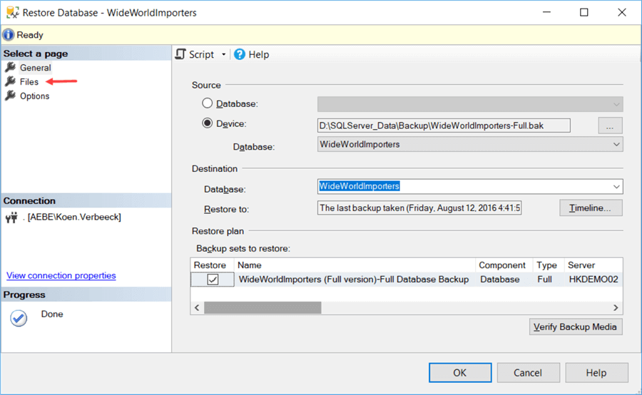 restore database menu after selecting backup file