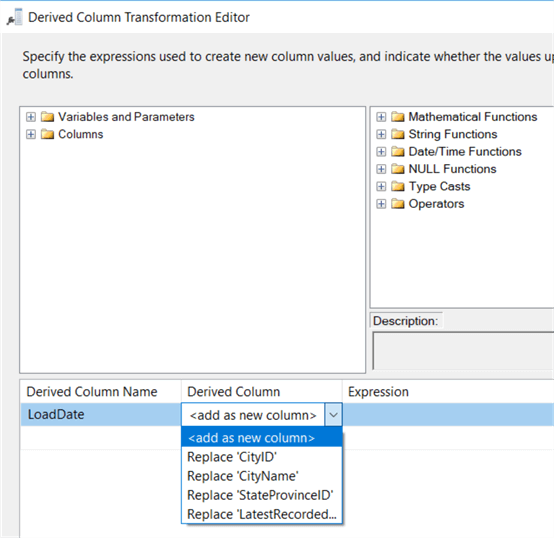 Derived Column Transformation Editor