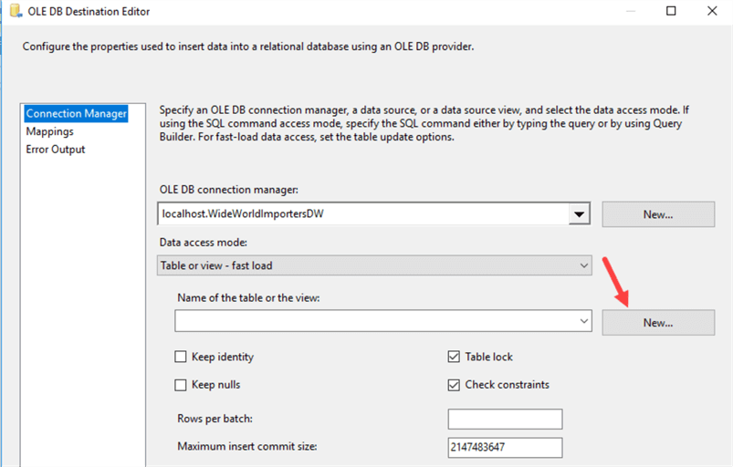SSIS OLE DB Destination Editor