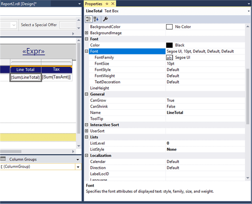 properties pane - Description: properties pane