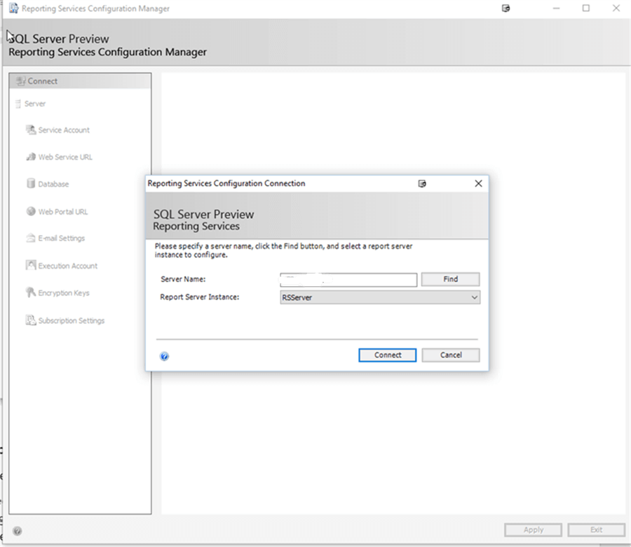 SSRS Configuration - Description: SSRS Configuration connection screen.