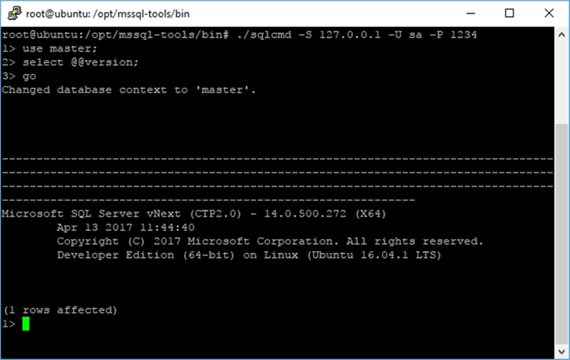 Sqlcmd prompt - Description: Take a look on how the line number changes.