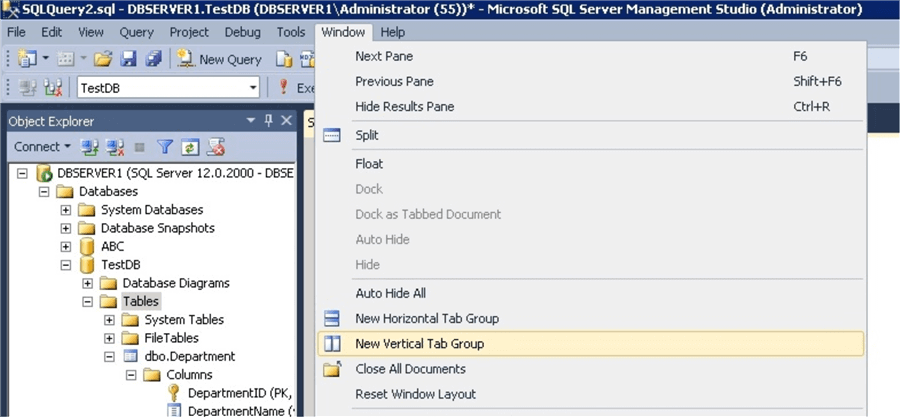 new vertical tab group in SQL Server Management Studio